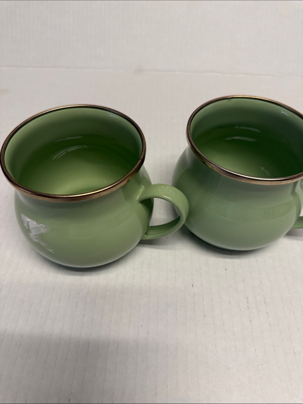 Pair of Green Ceramic Vases with Brass Rim